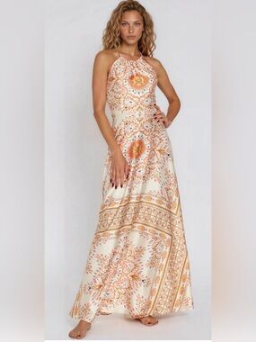 Mixology Robertson and rodeo Cream & Orange Satin Halter Maxi Dress